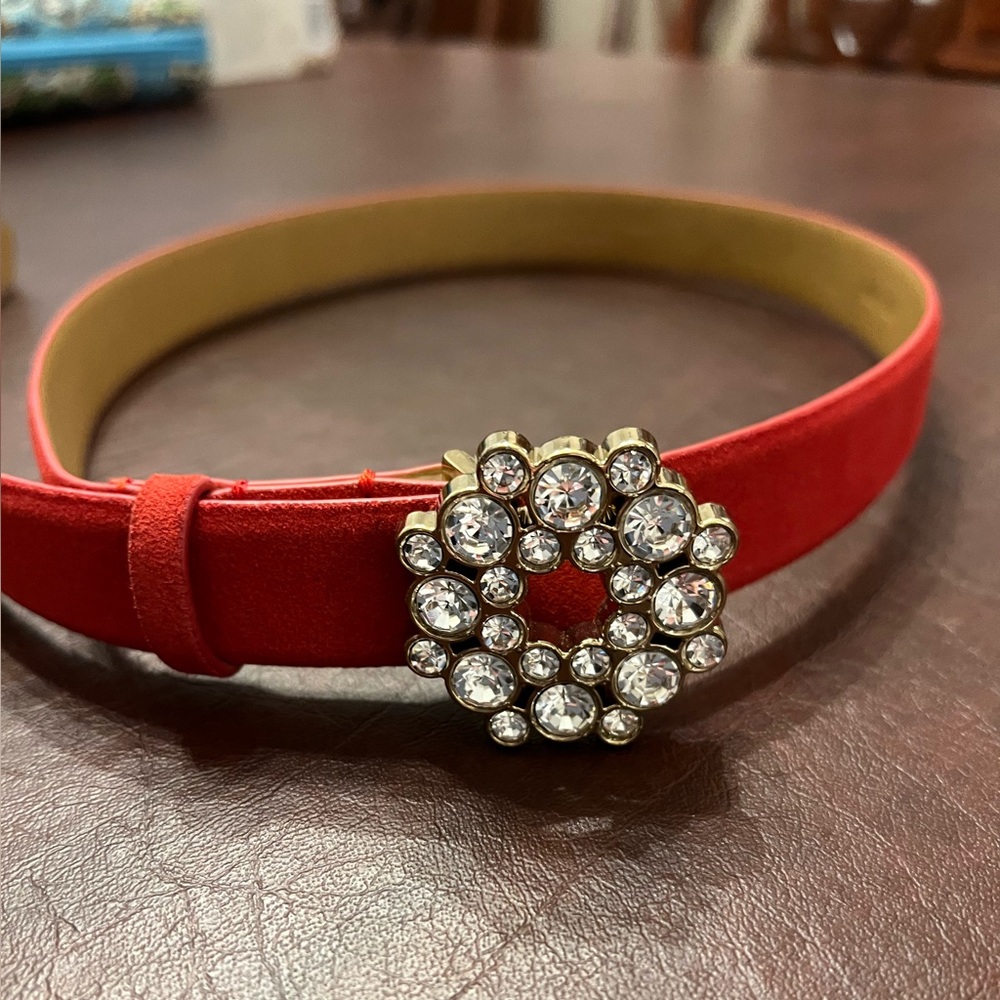 Red suede belt with rhinestone buckle